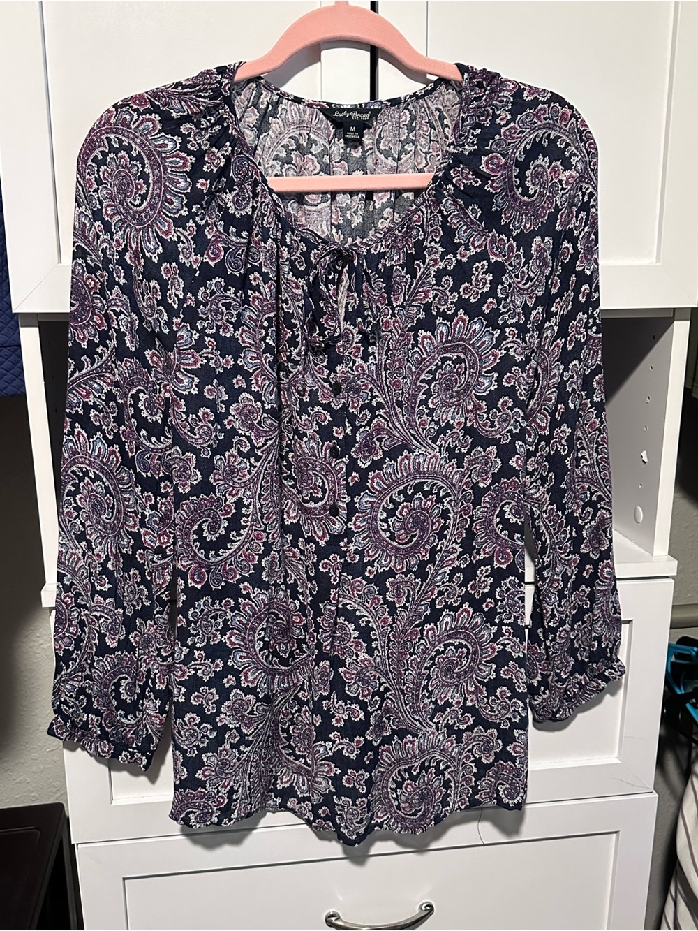 Lucky Brand Navy Paisley Tie Neck Long Sleeve Blouse Size Medium